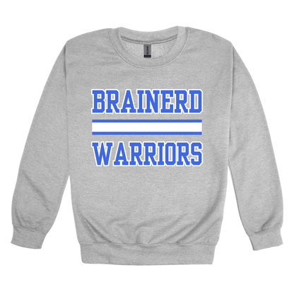 Brainerd Warriors design on Sport Gray adult Crewneck, front view.