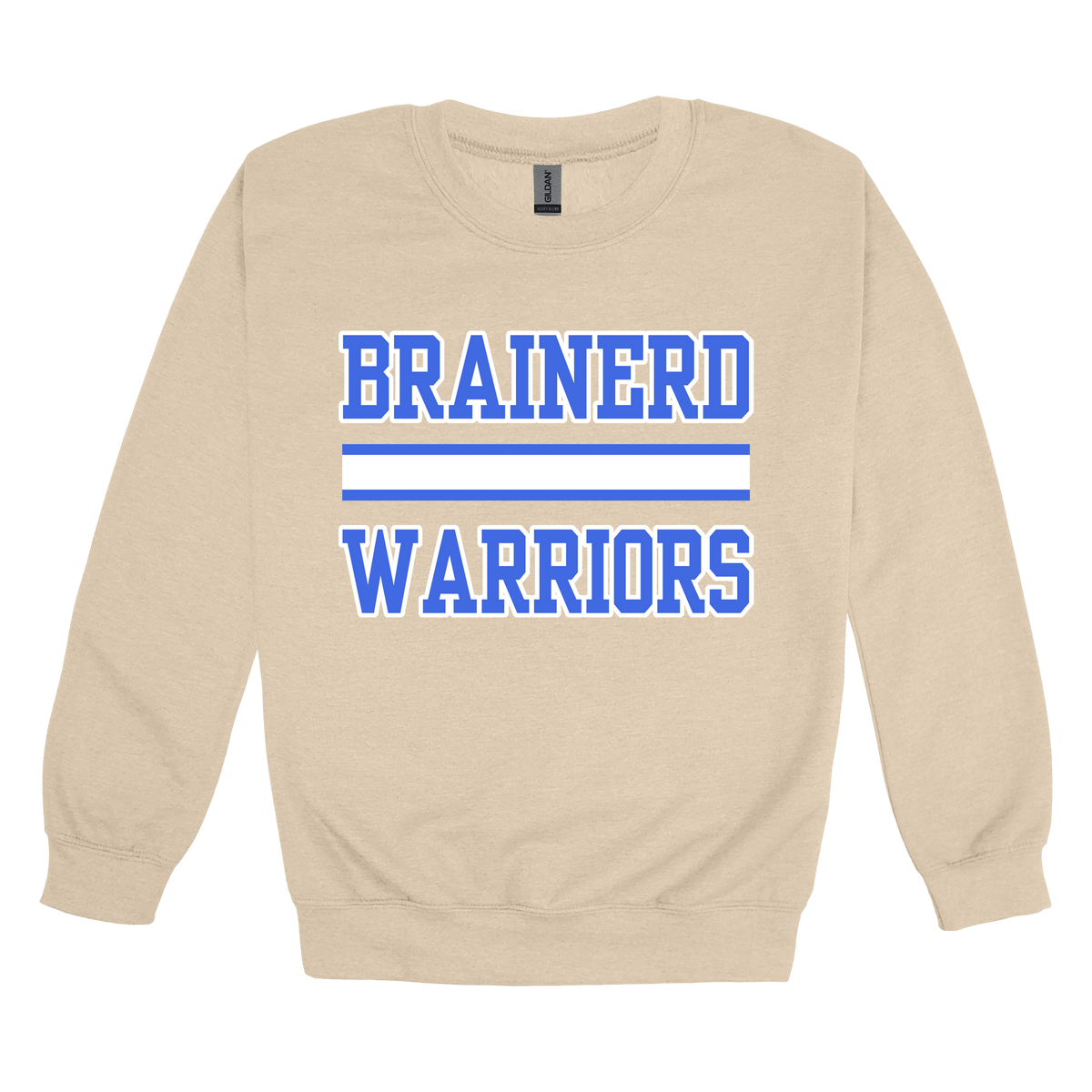 Brainerd Warriors design on Sand adult Crewneck, front view.
