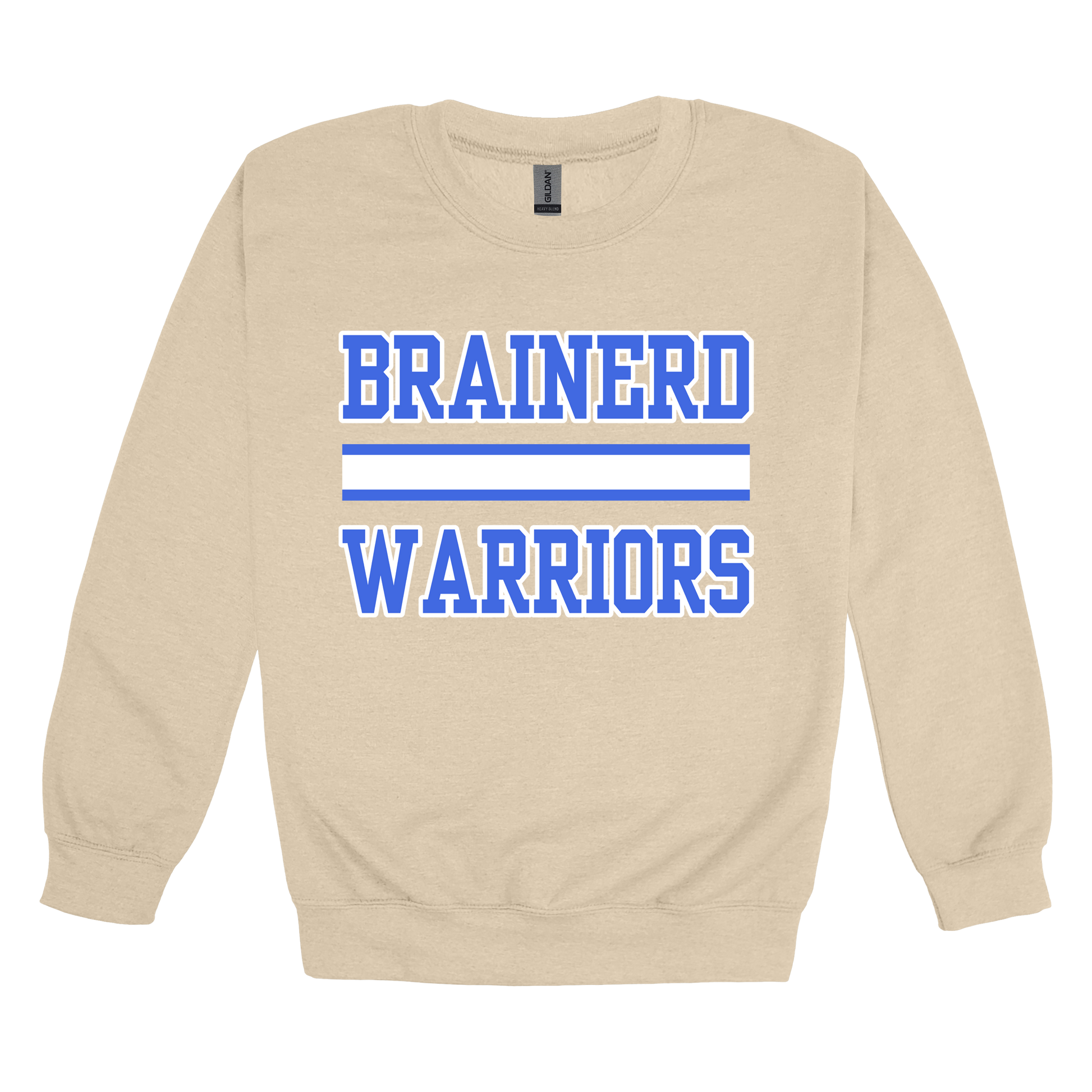 Brainerd Warriors design on Sand adult Crewneck, front view.