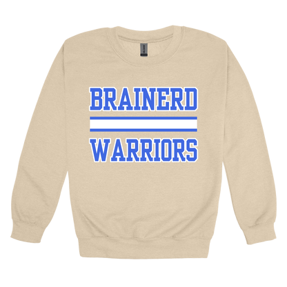 Brainerd Warriors design on Sand adult Crewneck, front view.