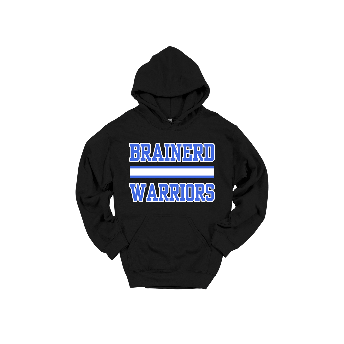 Brainerd Warriors design on Black adult Hoodie, front view.