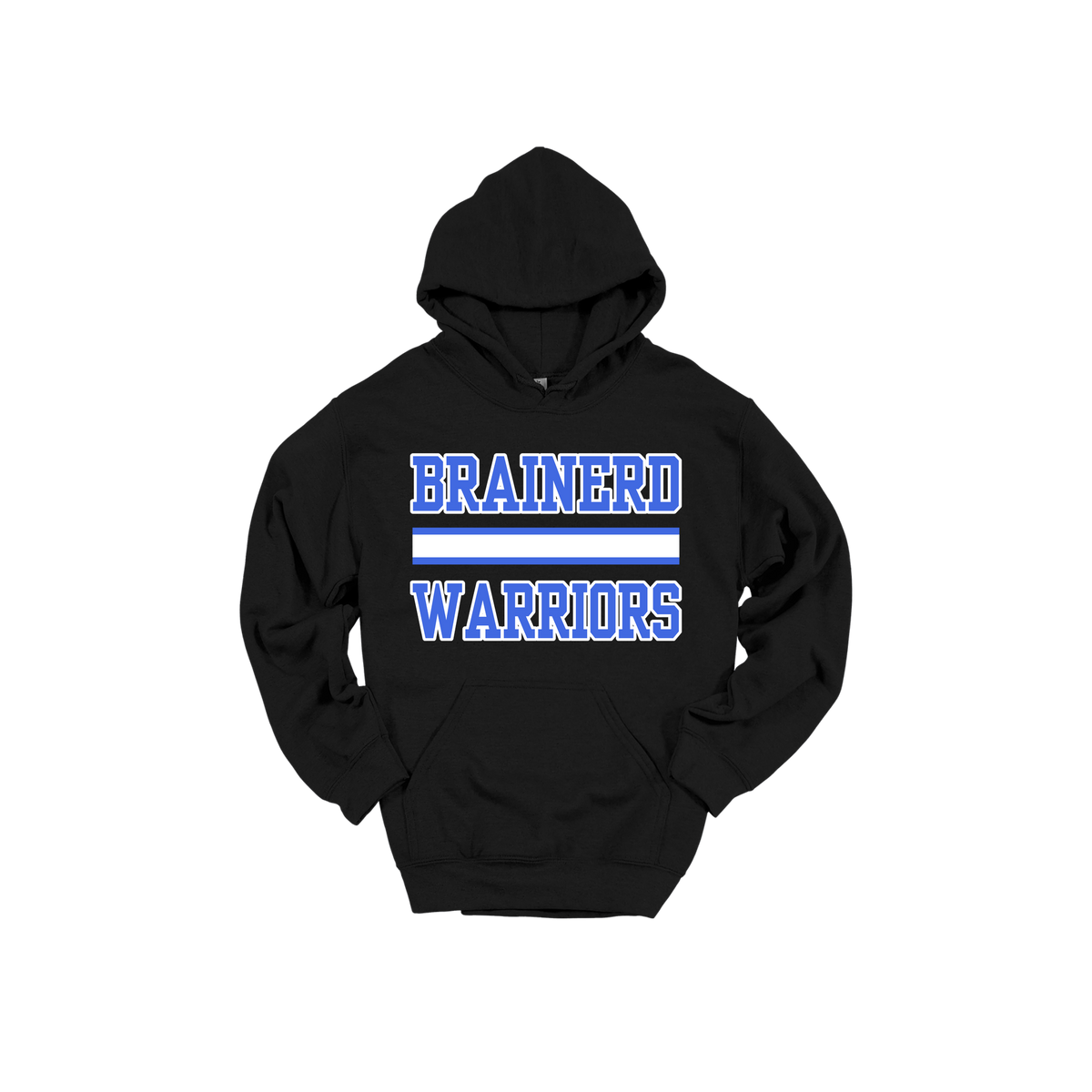 Brainerd Warriors design on Black adult Hoodie, front view.