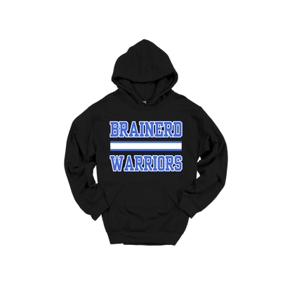 Brainerd Warriors design on Black adult Hoodie, front view.