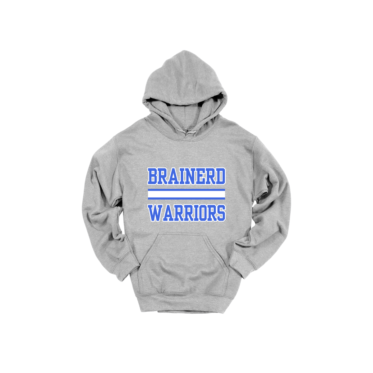 Brainerd Warriors design on Sport Gray adult Hoodie, front view.