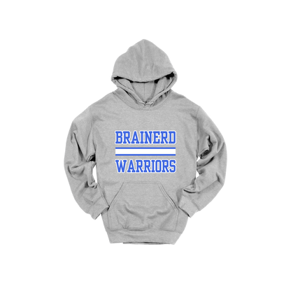 Brainerd Warriors design on Sport Gray adult Hoodie, front view.