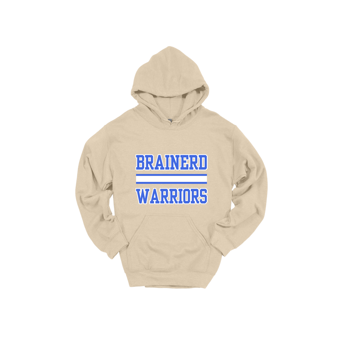Brainerd Warriors design on Sand adult Hoodie, front view.