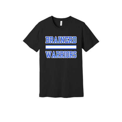 Brainerd Warriors design on Black adult T-Shirt, front view.
