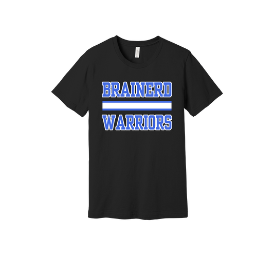 Brainerd Warriors design on Black adult T-Shirt, front view.