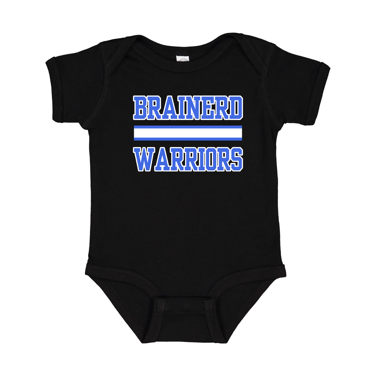 Brainerd Warriors design on Black infant Onesie, front view.