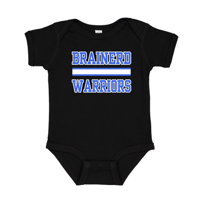 Brainerd Warriors design on Black infant Onesie, front view.