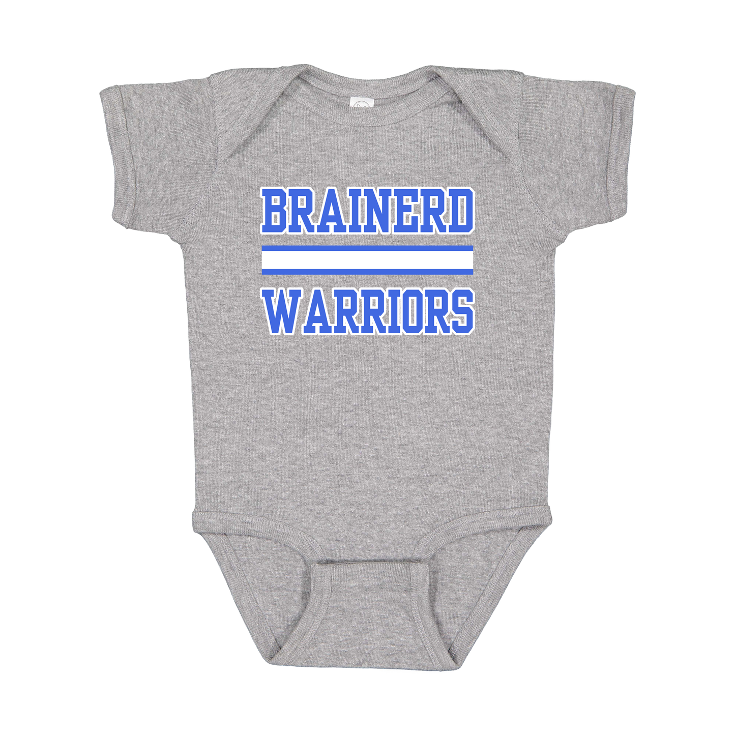 Brainerd Warriors design on Heather Athletic Gray infant Onesie, front view.