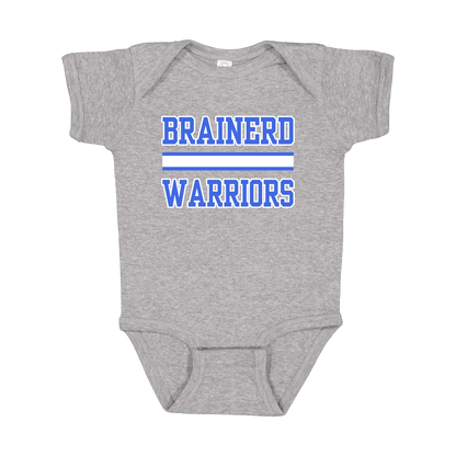 Brainerd Warriors design on Heather Athletic Gray infant Onesie, front view.