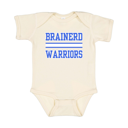 Brainerd Warriors design on Natural infant Onesie, front view.