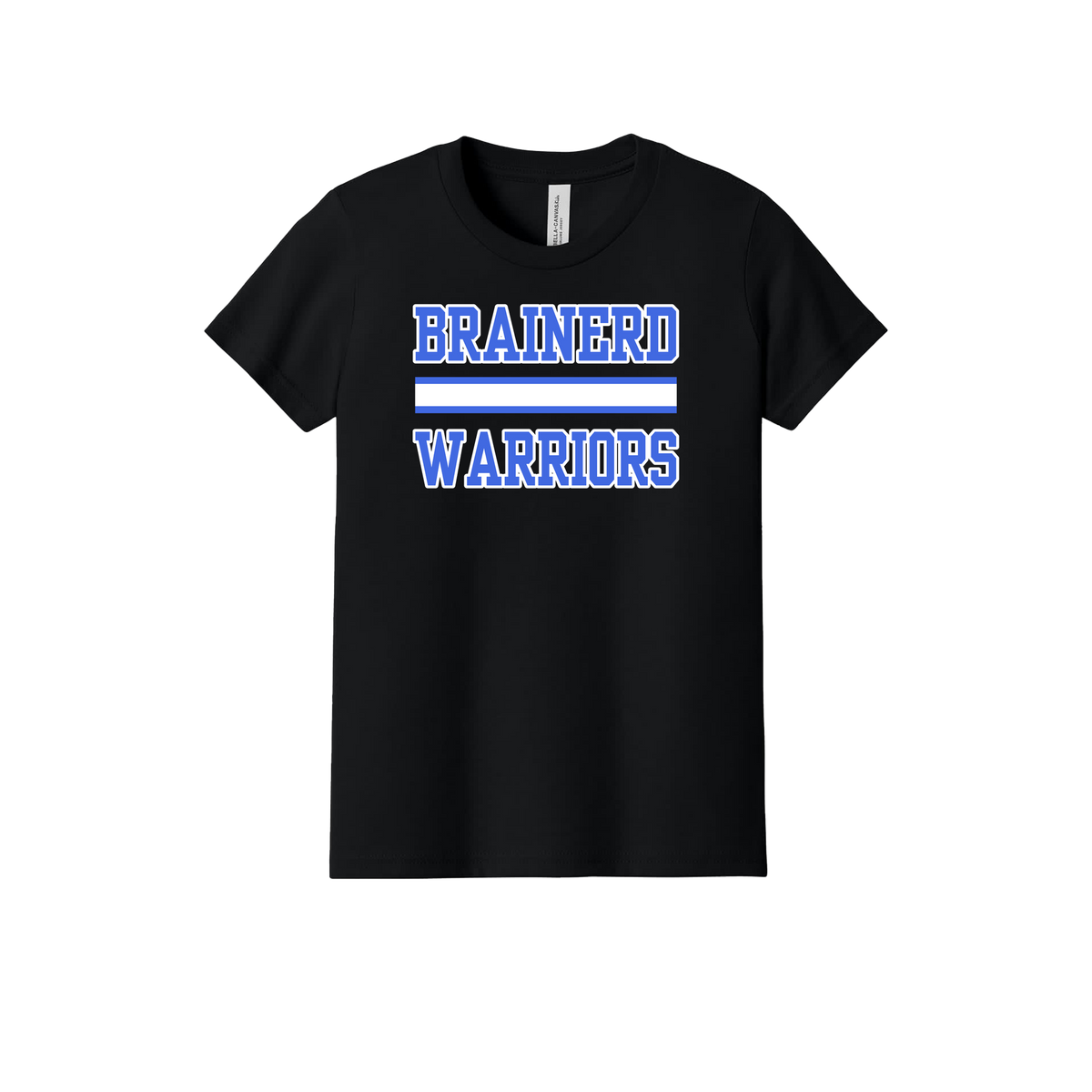 Brainerd Warriors design on Black youth T-Shirt, front view.