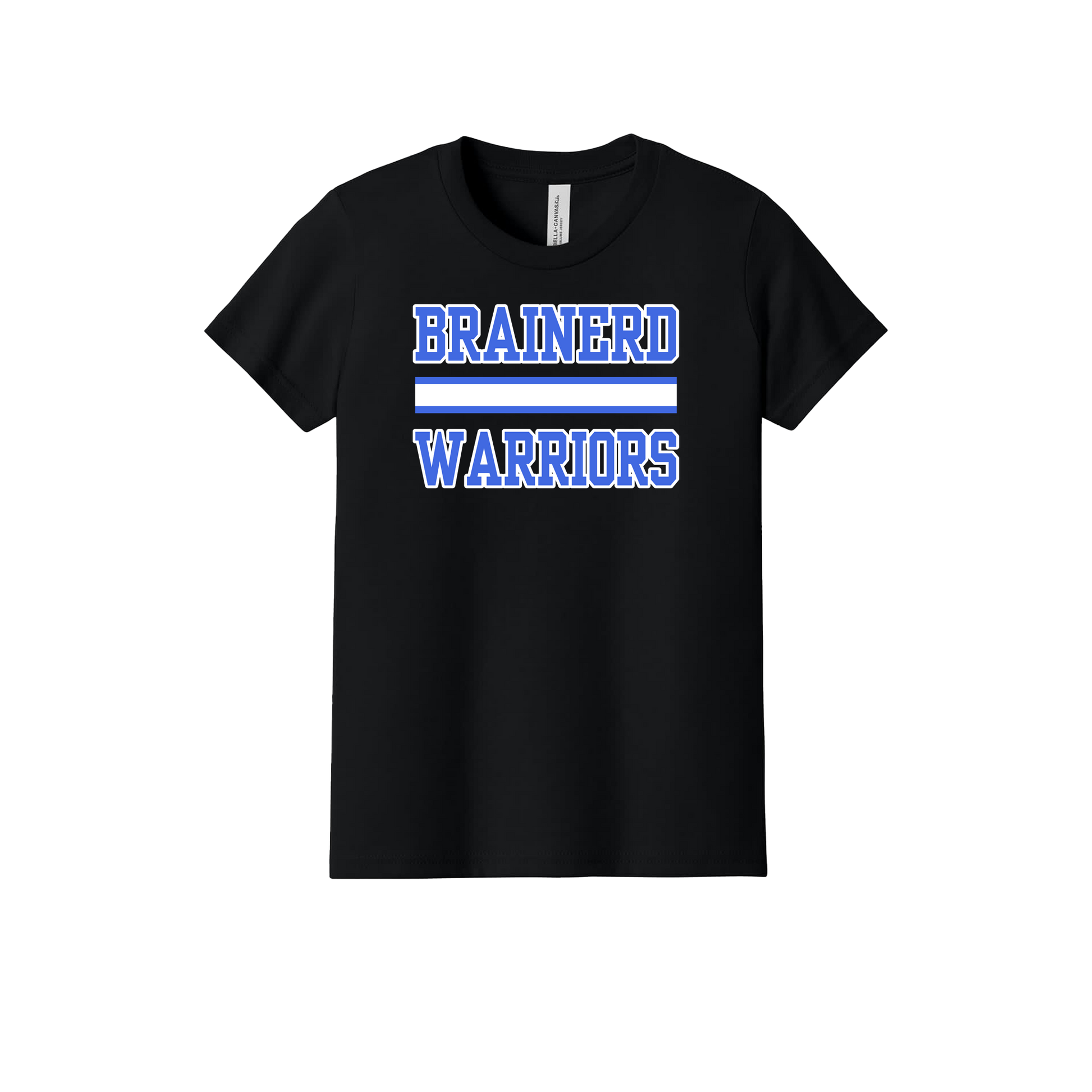 Brainerd Warriors design on Black youth T-Shirt, front view.