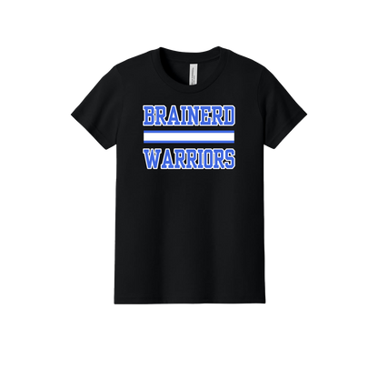 Brainerd Warriors design on Black youth T-Shirt, front view.