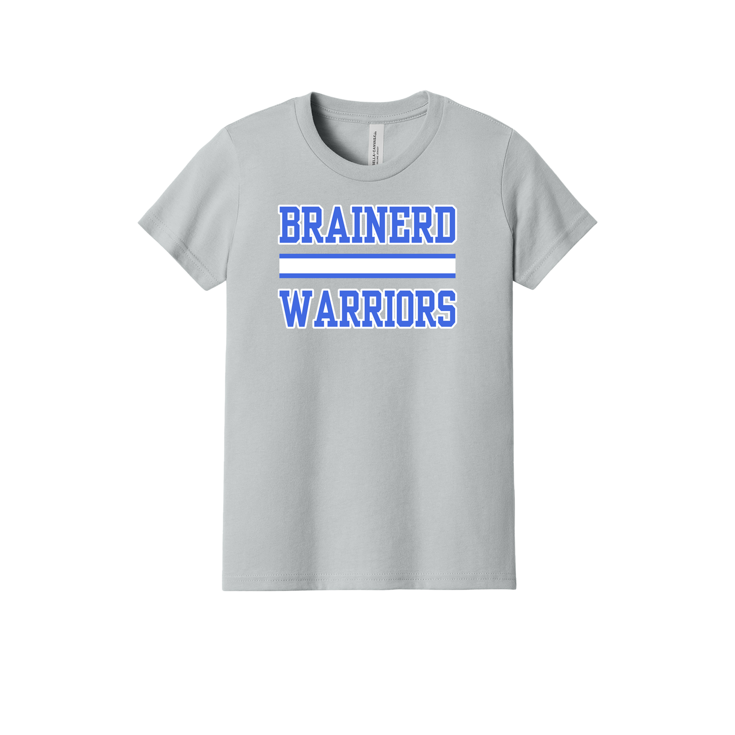 Brainerd Warriors design on Heather Athletic Gray youth T-Shirt, front view.