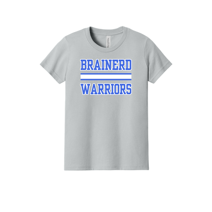Brainerd Warriors design on Heather Athletic Gray youth T-Shirt, front view.