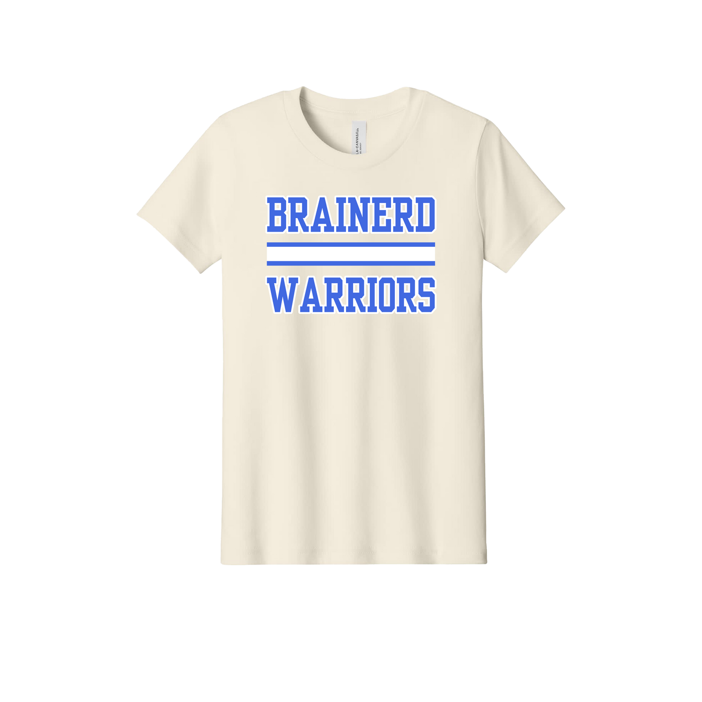 Brainerd Warriors design on Natural youth T-Shirt, front view.