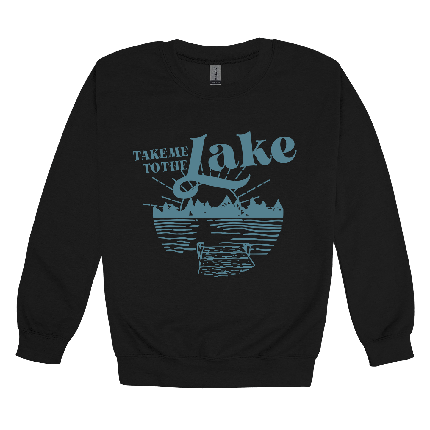 Take Me to the Lake design on Black adult Crewneck, front view.