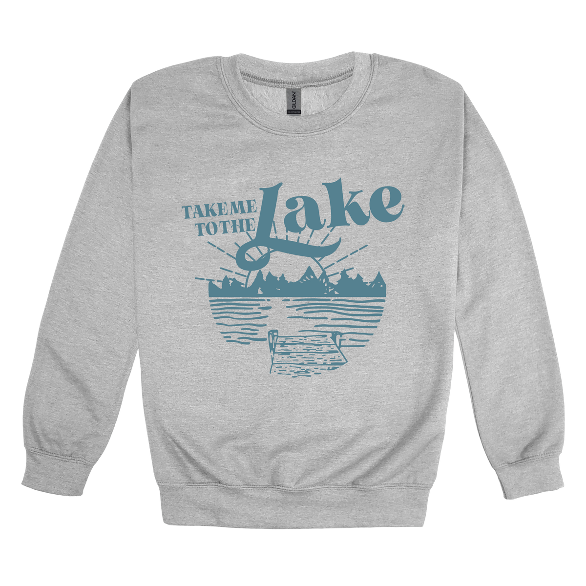 Take Me to the Lake design on Sport Gray adult Crewneck, front view.