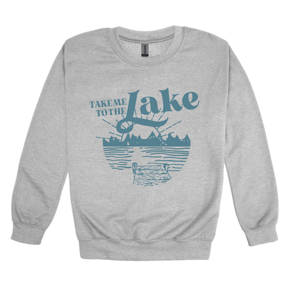 Take Me to the Lake design on Sport Gray adult Crewneck, front view.