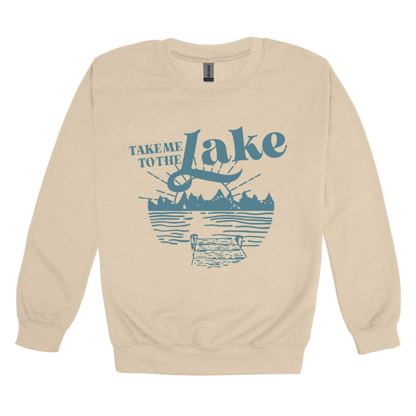 Take Me to the Lake design on Sand adult Crewneck, front view.