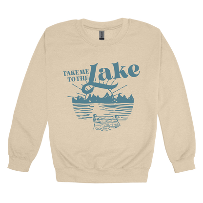Take Me to the Lake design on Sand adult Crewneck, front view.