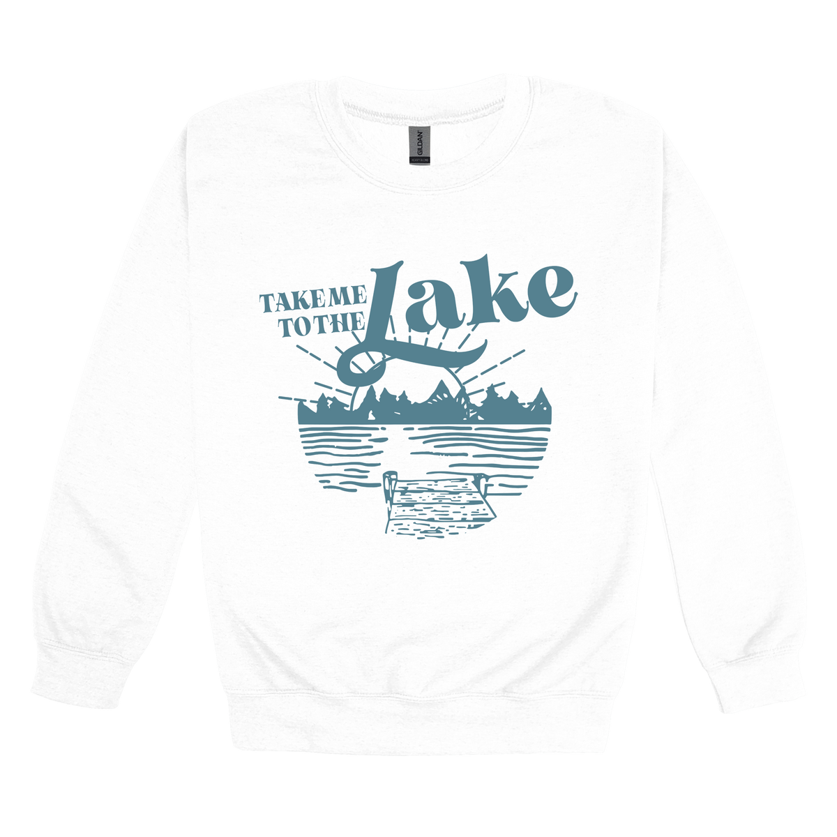 Take Me to the Lake design on White adult Crewneck, front view.