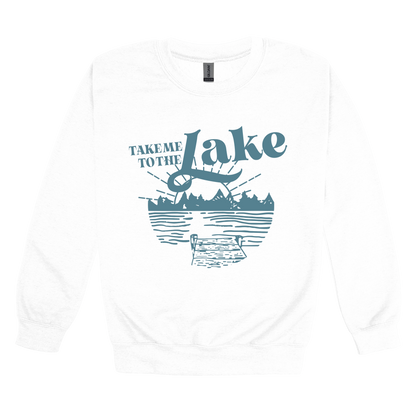 Take Me to the Lake design on White adult Crewneck, front view.