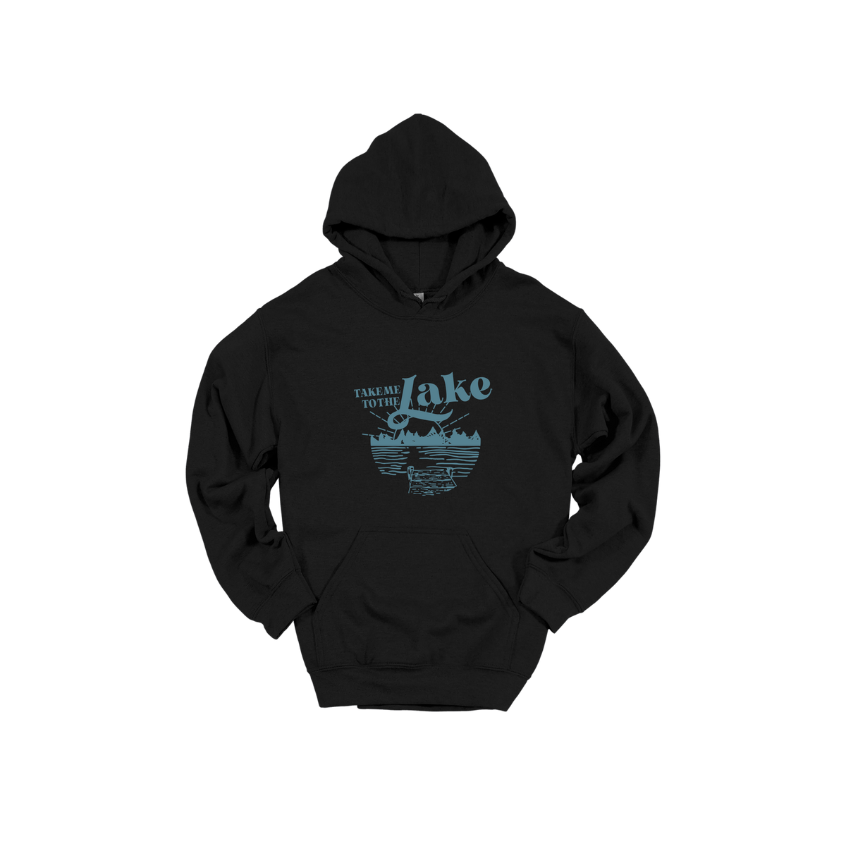 Take Me to the Lake design on Black adult Hoodie, front view.