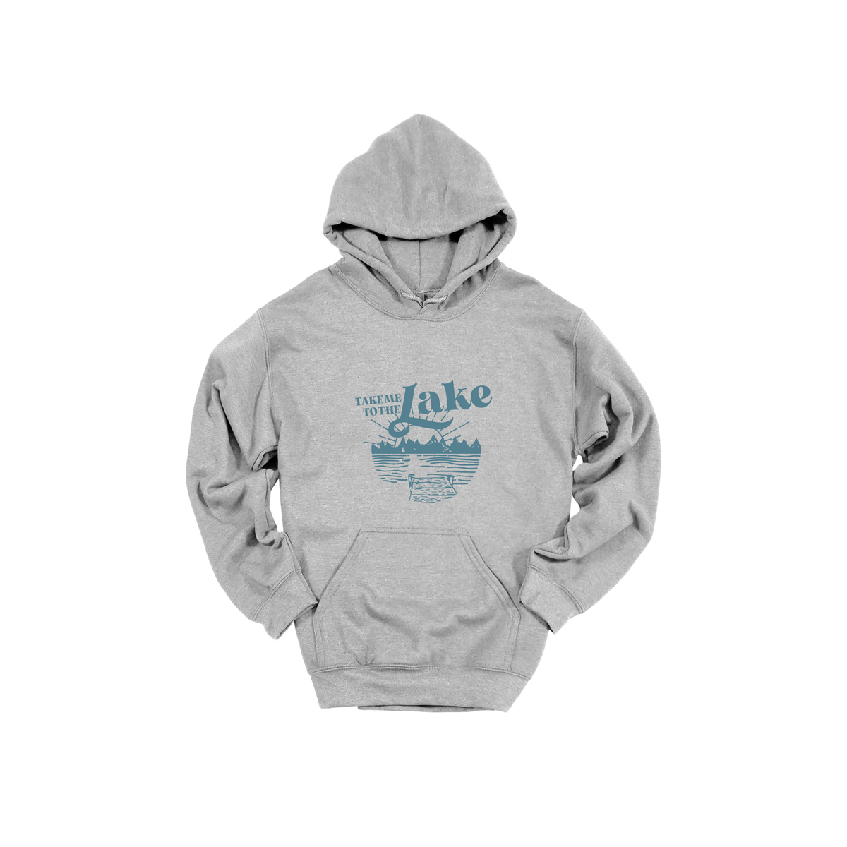 Take Me to the Lake design on Sport Gray adult Hoodie, front view.