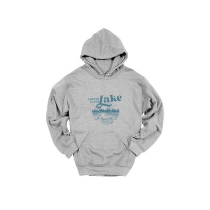 Take Me to the Lake design on Sport Gray adult Hoodie, front view.