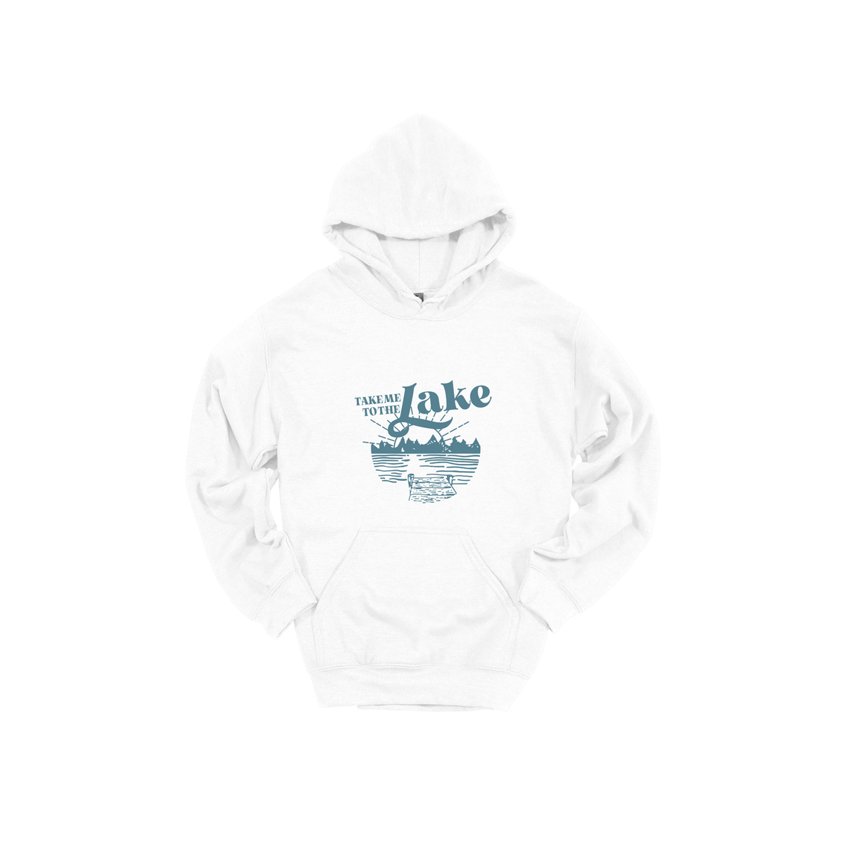Take Me to the Lake design on White adult Hoodie, front view.