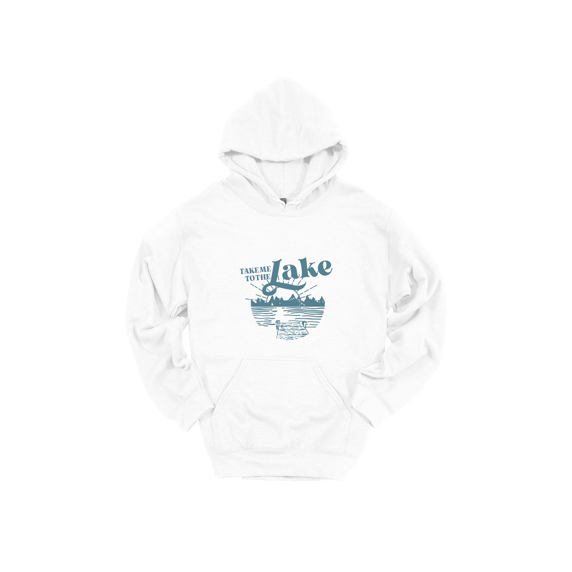 Take Me to the Lake design on White adult Hoodie, front view.