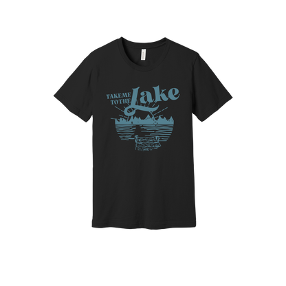 Take Me to the Lake design on Black adult T-Shirt, front view.