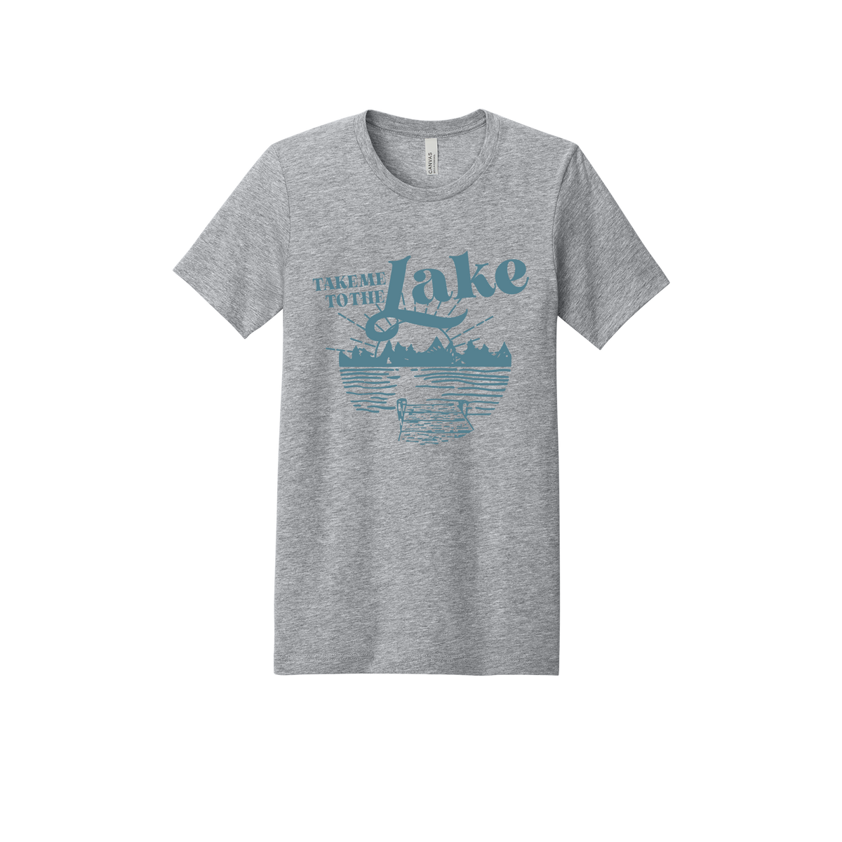 Take Me to the Lake design on Heather Athletic Gray adult T-Shirt, front view.
