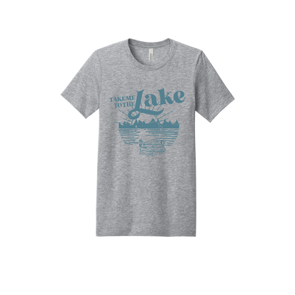 Take Me to the Lake design on Heather Athletic Gray adult T-Shirt, front view.