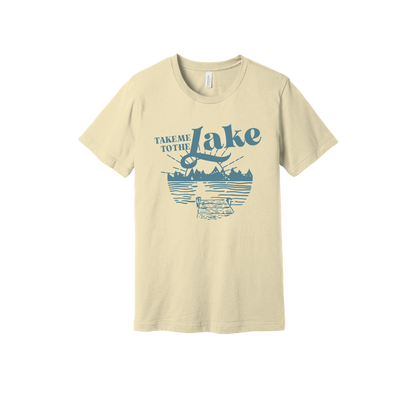 Take Me to the Lake design on Natural adult T-Shirt, front view.