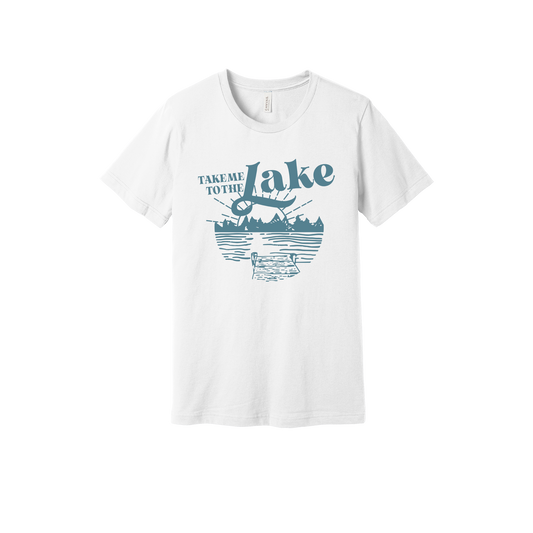 Take Me to the Lake design on White adult T-Shirt, front view.