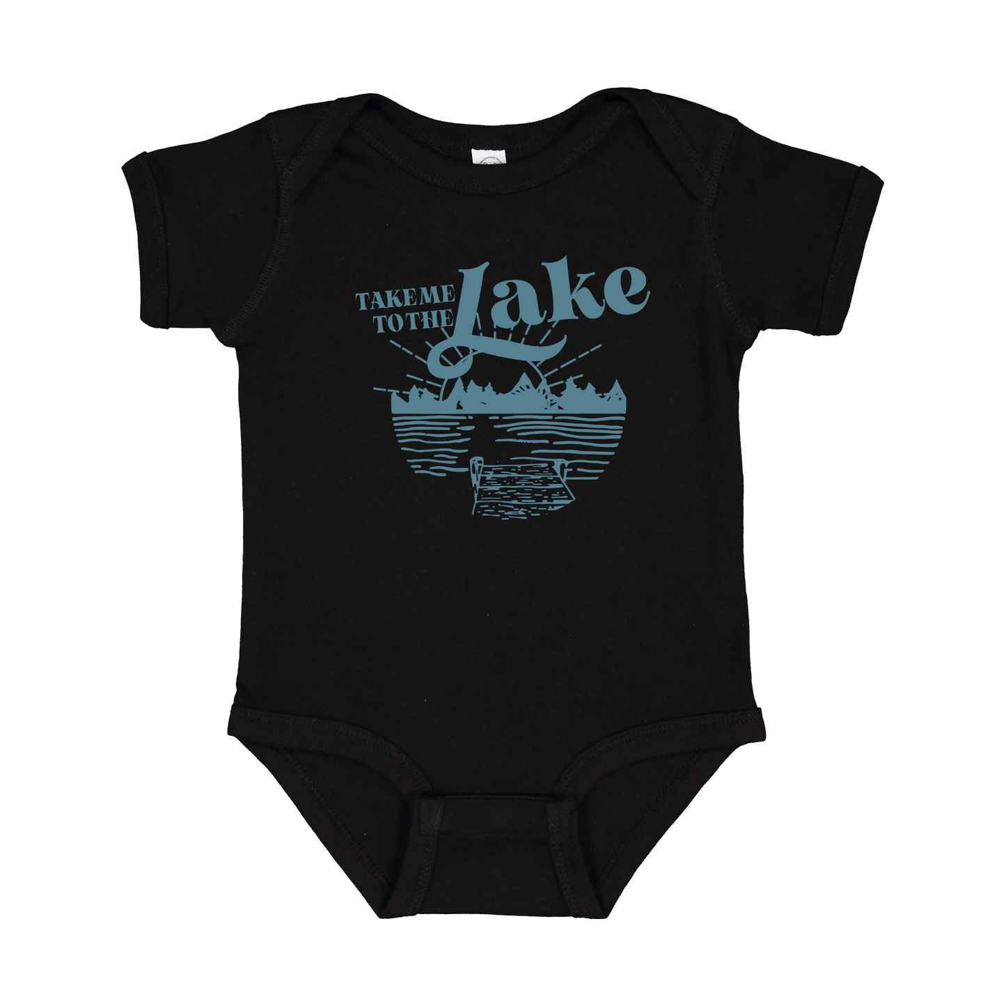 Take Me to the Lake design on Black infant Onesie, front view.