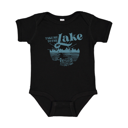 Take Me to the Lake design on Black infant Onesie, front view.