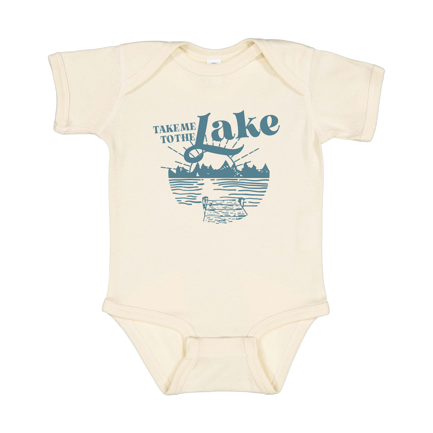Take Me to the Lake design on Natural infant Onesie, front view.