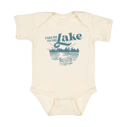 Take Me to the Lake design on Natural infant Onesie, front view.