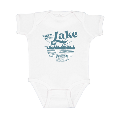 Take Me to the Lake design on White infant Onesie, front view.