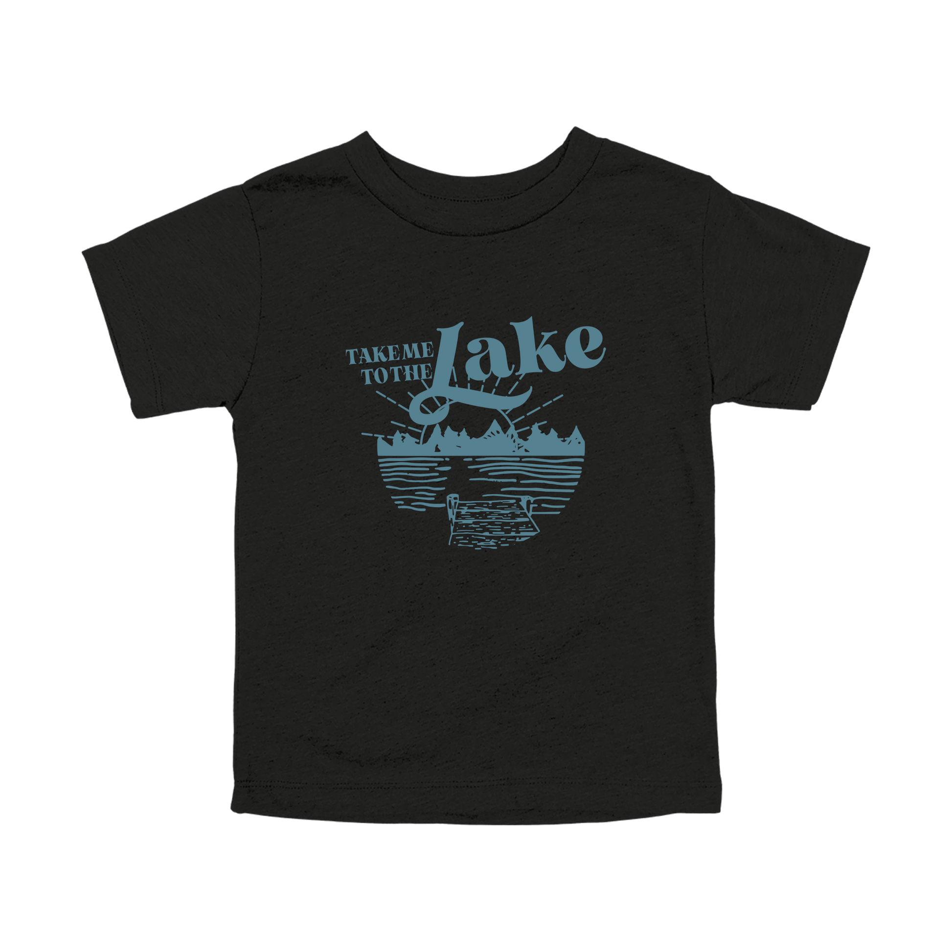 Take Me to the Lake design on Black toddler T-Shirt, front view.
