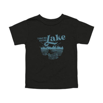 Take Me to the Lake design on Black toddler T-Shirt, front view.