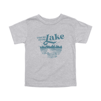 Take Me to the Lake design on Heather Athletic Gray toddler T-Shirt, front view.