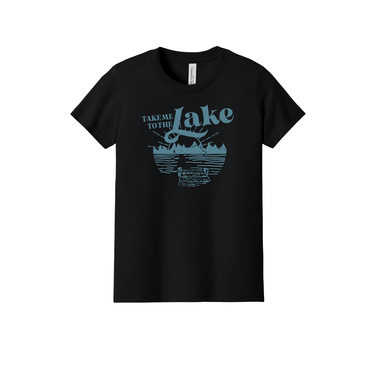 Take Me to the Lake design on Black youth T-Shirt, front view.