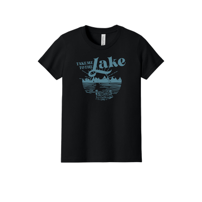 Take Me to the Lake design on Black youth T-Shirt, front view.